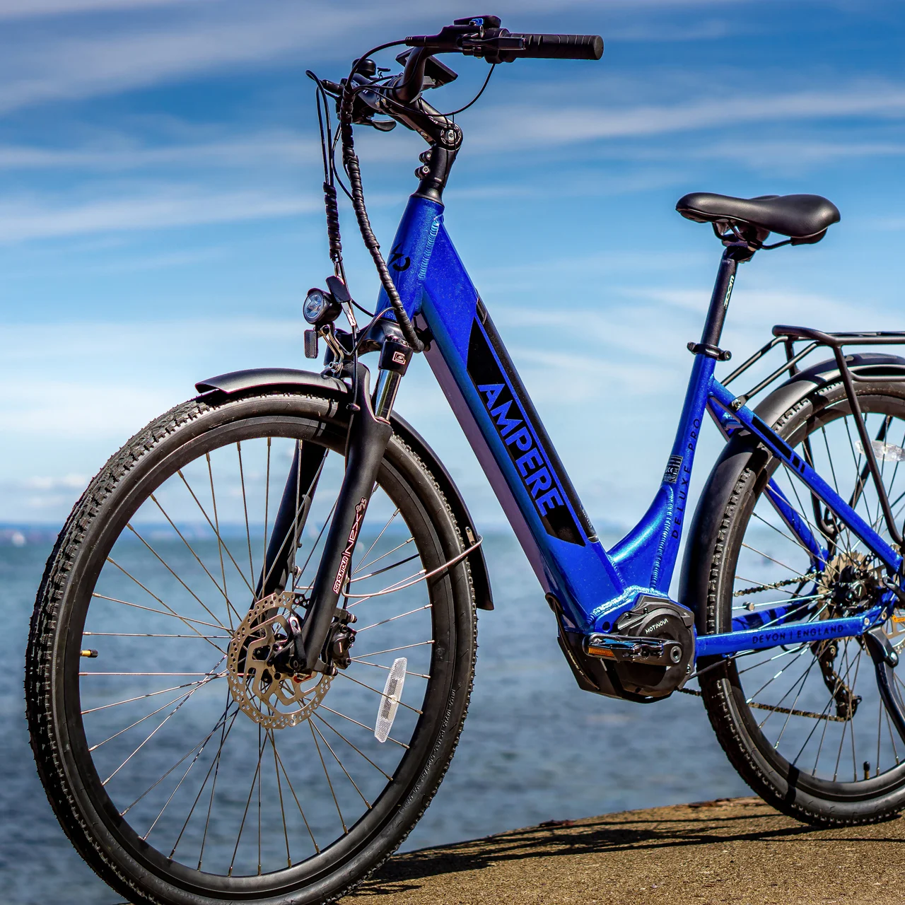A blue and black Ampere Electric step-through eBike